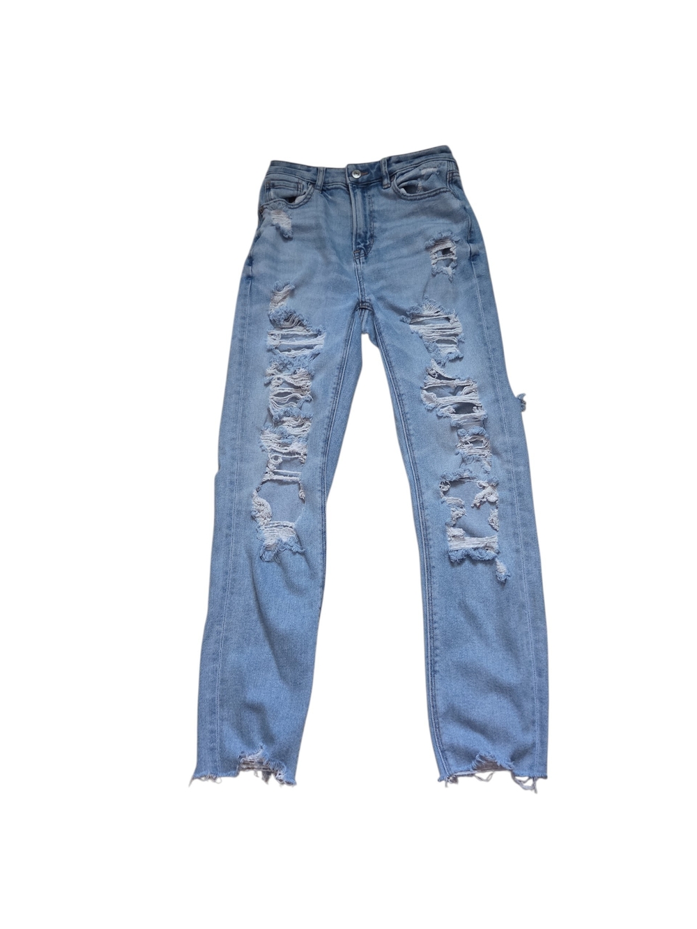 American Eagle Distressed Stretch Mom Jeans High Waisted Light Wash 2 Long